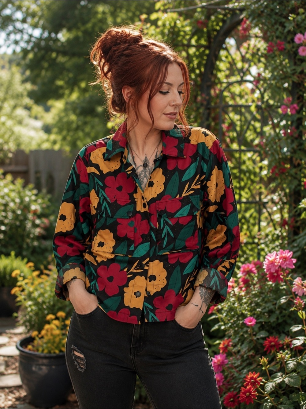 Anthropologie Bold Floral Print Utility Jacket